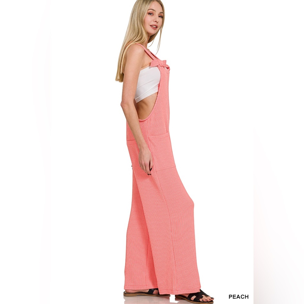 🆕 ZENANA CORDED RIB KNOT STRAP RELAXED FIT OVERALLS - Picture 2 of 2